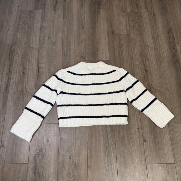 J.Crew Heritage Chunky Cotton Fisherman Crewneck Sweater SZ M Ivory Navy Striped - Picture 5 of 7